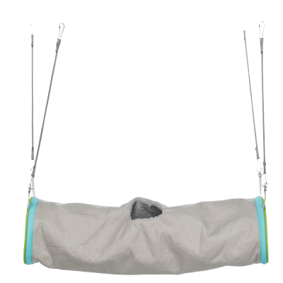 Tunel suspenso para animais com bordas verde e azul claro e corpo cinzento.