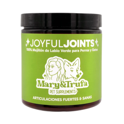 Frasco de suplemento verde para animais com tampa preta e texto branco.