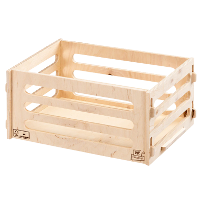 Caixa de madeira clara com laterais em tábuas horizontais e logótipos gravados