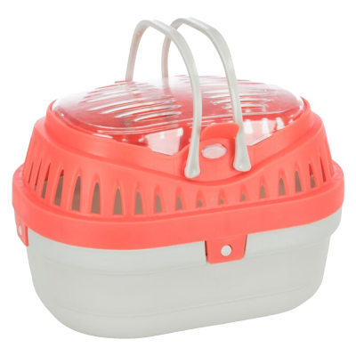 Transportadora para animais de estimação branca e vermelha com tampa transparente e pegas brancas