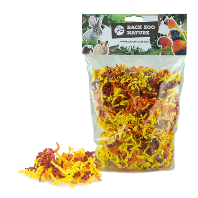 Pacote transparente com material amarelo e laranja e etiqueta com animais e texto BACK ZOO NATURE