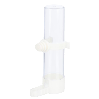 Dispenser cilíndrico transparente com suporte branco para pássaros