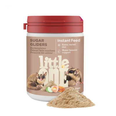 Pote vermelho com alimento em pó para sugar gliders e imagem do pó ao lado
