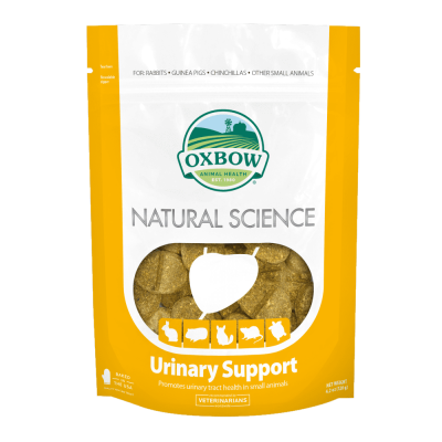 Embalagem amarela e branca de ração Oxbow Natural Science Urinary Support com janela para pellets
