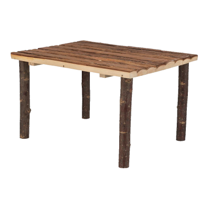 Mesa rústica de madeira com tampo em tábuas e pernas em troncos naturais