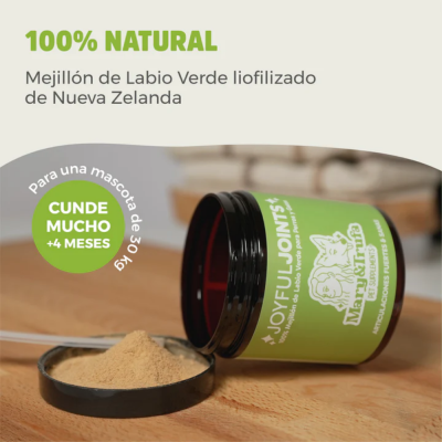 Frasco verde e preto de suplemento para animais de estimação Mary & Trufa JOYFULJOINTS com pó e colher numa mesa de madeira