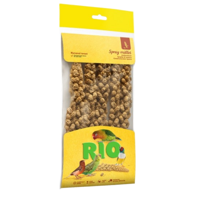 Embalagem amarela e transparente com spray millet para pássaros da marca RIO