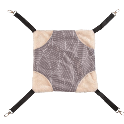 Rede para animais em tecido cinzento com padrão de folhas e pelúcia bege