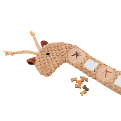 Brinquedo para cão em forma de girafa castanho claro com pequenos ossos de brinquedo