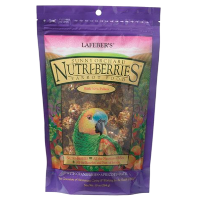 Embalagem de comida para papagaios Nutri-Berries com pellets, frutas e imagem de papagaio verde