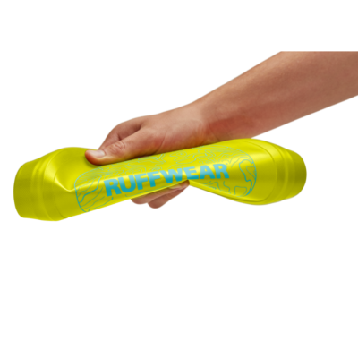 Brinquedo flexível amarelo fluorescente para cão com a palavra RUFFWEAR em azul