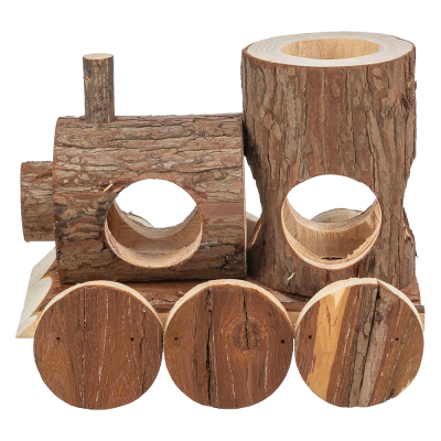 Brinquedo comboio de madeira com textura de casca de árvore