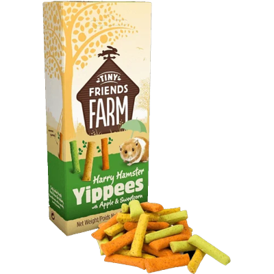 Pacote de snacks para hamster Tiny Friends Farm com snacks coloridos à frente