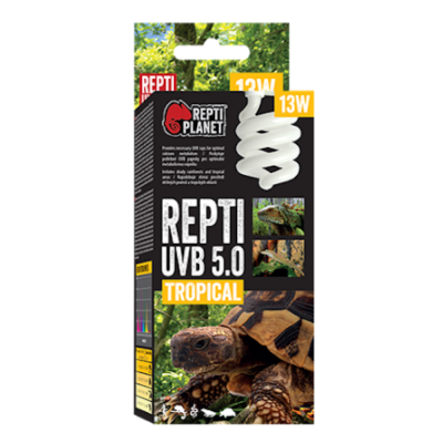 Lâmpada REPTI PLANET UVB 5.0 Tropical para répteis, embalagem com imagens de tartaruga e camaleão.