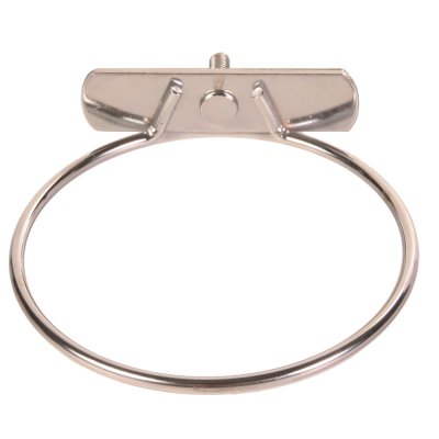 Suporte metálico circular prateado com parafuso, fundo branco