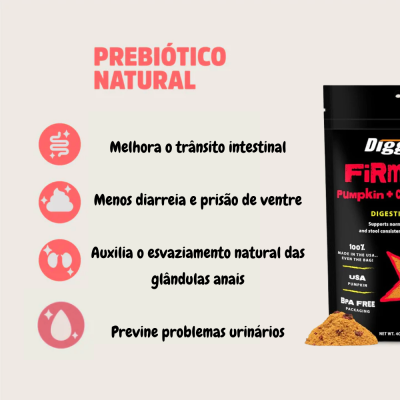 Prebiótico natural com texto e embalagem preta de suplemento com pó castanho