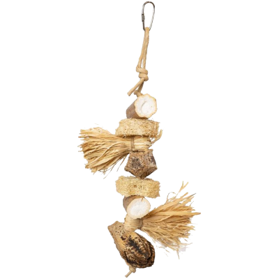 Pendente de madeira e fibras naturais com corda e formas irregulares