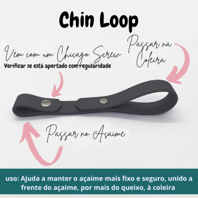 Chin Loop preto com botões metálicos e texto explicativo em português