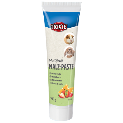 Bisnaga TRIXIE pasta multifrutas com imagens de coelho e porquinho-da-índia, texto Multfruit MALZ-PASTE, 100 g