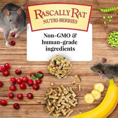 Comida para ratos Rascally Rat Nutri-Berries com ingredientes naturais e dois ratos ao lado