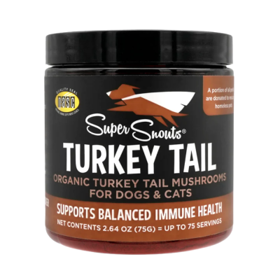 Suplemento orgânico Super Snouts para cães e gatos TURKEY TAIL em frasco preto com tampa preta