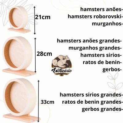 Três rodas de exercício para hamsters em tamanhos de 21 cm, 28 cm e 33 cm com texto explicativo e logo Exotícario