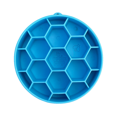 Tabuleiro redondo de silicone azul com divisórias hexagonais e símbolos no centro