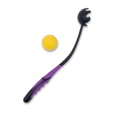 Lançador de bola preto e roxo com bola de ténis amarela