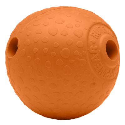 Bola de borracha laranja texturizada com inscrições em relevo