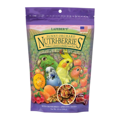 Pacote colorido de comida para pássaros com imagens de aves e frutas