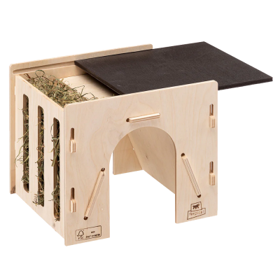 Casa de madeira para pequenos animais com entrada frontal e teto preto removível