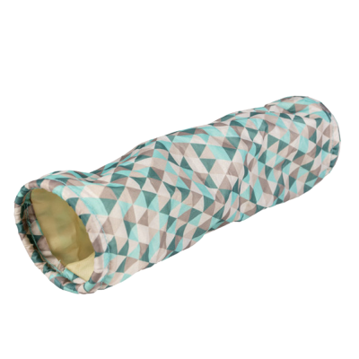 Túnel para animais de estimação com padrão geométrico azul e amarelo