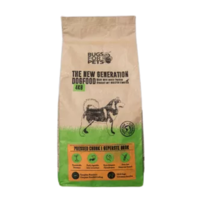 Saco de ração para cães Bege e verde da Bugs For Pets com imagem de cão