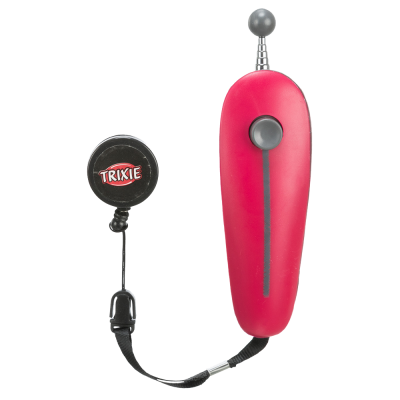 Dispositivo eletrônico vermelho com carretel preto e texto TRIXIE