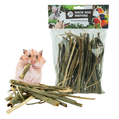 Pacote de ramos secos para roedores da marca BACK ZOO NATURE com hamster a roer ramo