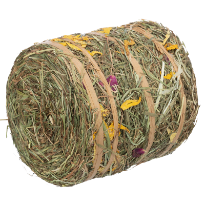 Rolo de feno natural com flores secas e fitas elásticas