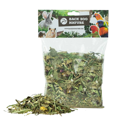 Pacote de ervas secas para animais com imagens de coelho, hamster, esquilo e papagaios na etiqueta