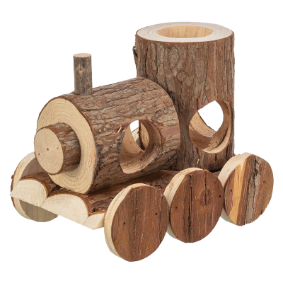 Brinquedo em madeira em forma de comboio com casca visível e rodas circulares