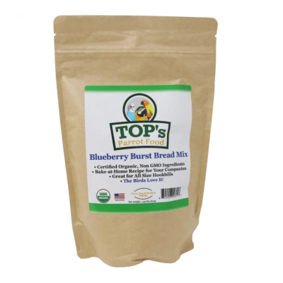 Embalagem de mistura para pão TOP'S Parrot Food Blueberry Burst em saco de papel castanho.