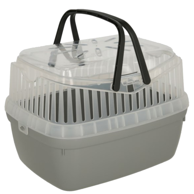 Transportadora para animais cinzenta e transparente com alças pretas