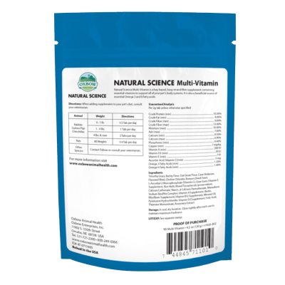Pacote azul de suplemento Natural Science Multi-Vitamin da Oxbow com informações de uso e ingredientes no verso.