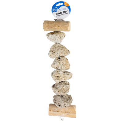 Brinquedo para pássaros com pedras naturais e madeira claro em fundo branco