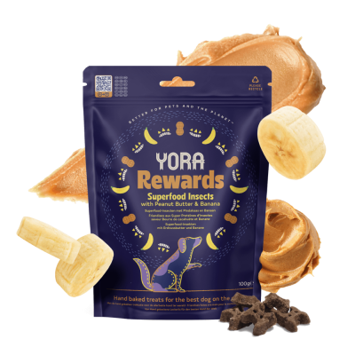 Pacote azul Yora Rewards snacks para cães com manteiga de amendoim e banana
