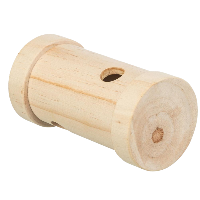 Objeto cilíndrico de madeira clara com furos e ranhuras.