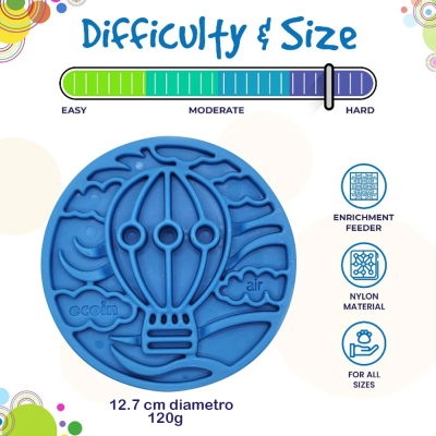 Brinquedo azul circular de nylon com padrão de balão de ar quente e texto sobre dificuldade, tamanho e material