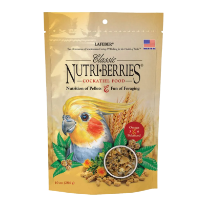 Embalagem bege de comida Nutri-Berries para calopsitas com imagem de calopsita e sementes