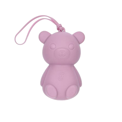 Produto em formato de urso rosa com cordão e letra J