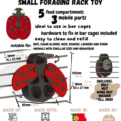 Brinquedo de rack de forrageamento em forma de joaninha vermelho com pontos pretos e compartimentos de comida.