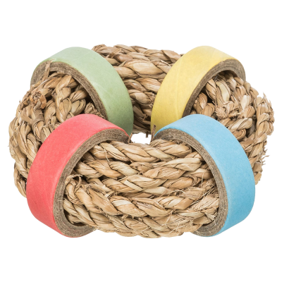 Anel trançado em materiais naturais com quatro bandas coloridas