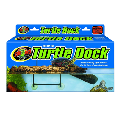 Caixa azul com doca flutuante para tartarugas e texto Turtle Dock